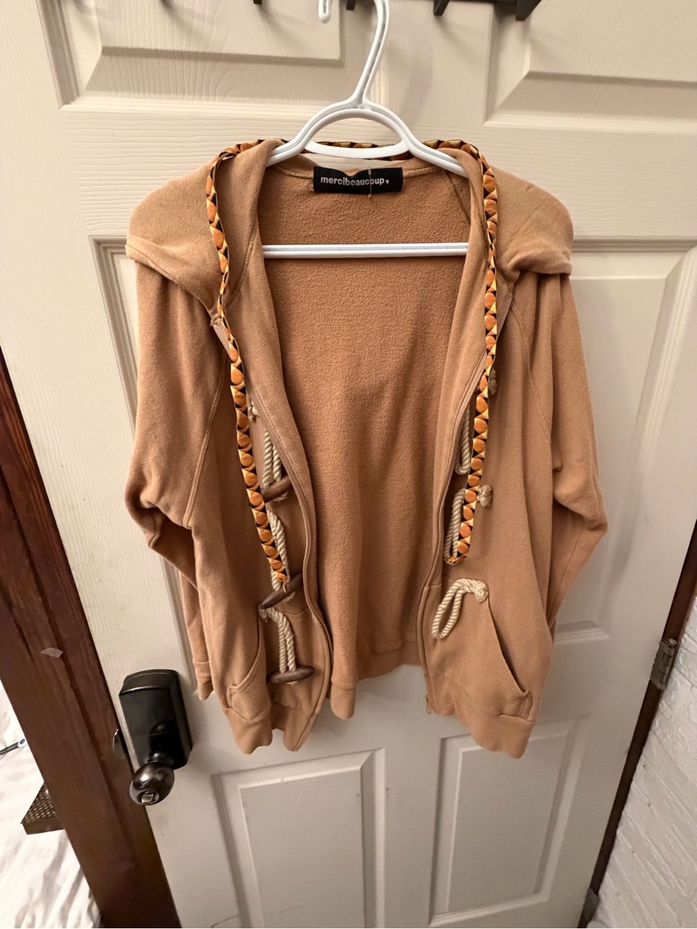 tan hooded blazer-style jacket